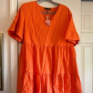 FANCYINN Shift Dress Pockets Bell Sleeve Ruffle Hem V Neck Loose Swing Tunic XL